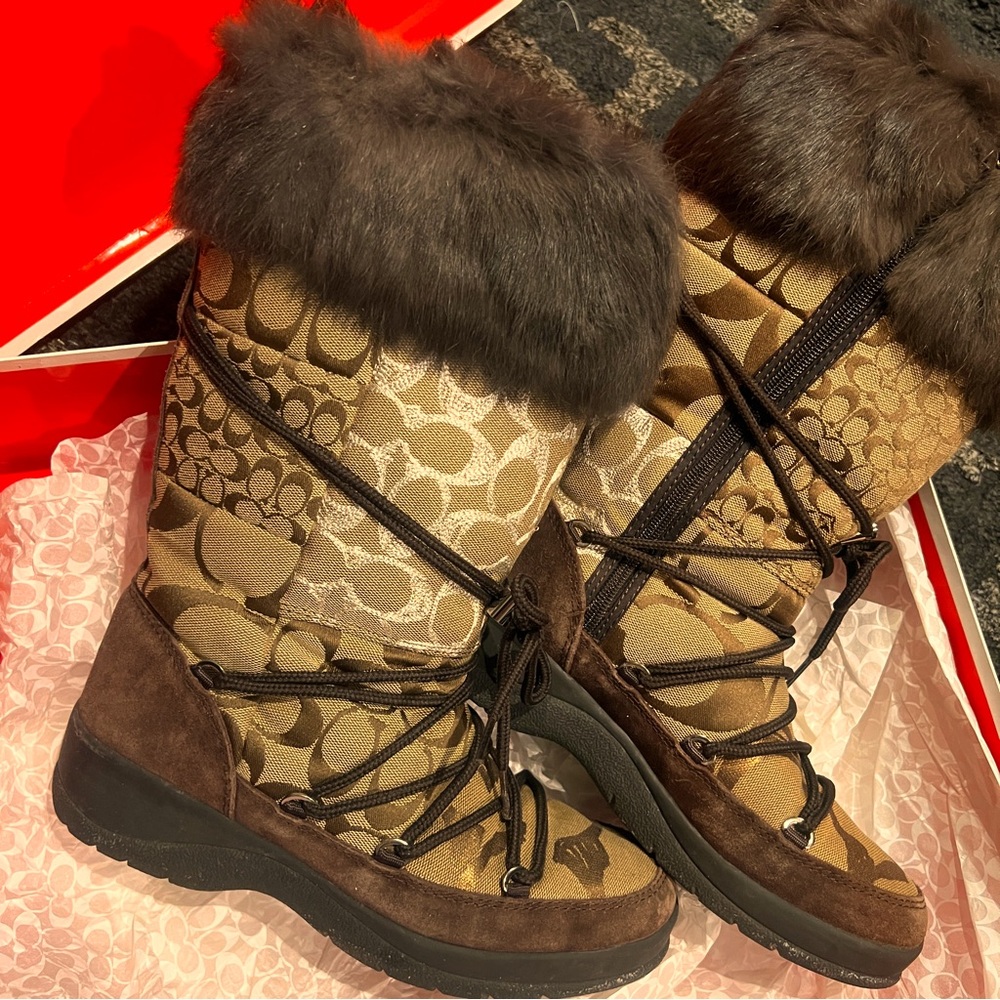 COACH LAURILYN PATCHWORK SIGNATURE CANVAS SUEDE FUR WINTER BOOTS